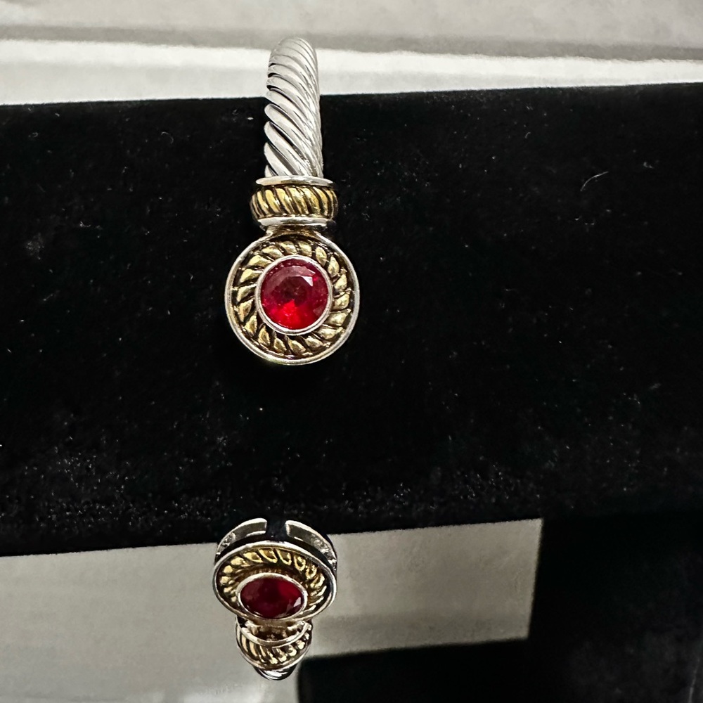 Silver Cable cuff Ruby Red Rose Adjustable Bracelet